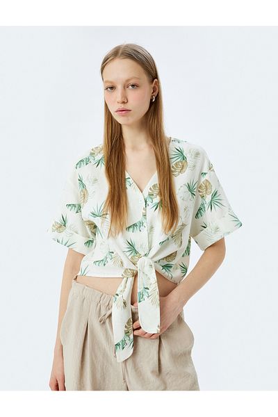 Koton V-Neck Short Sleeve Lacing Detail Linen Blended Shirt