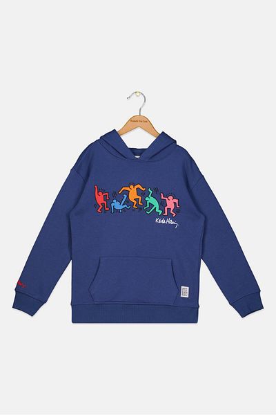 Keith Haring Kids Girl Hooded Neck Long Sleeve Graphic Sweatshirt, Blue