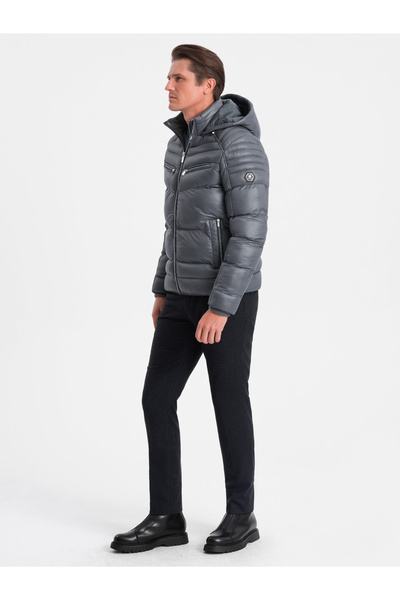 OMBRE Heavily insulated quilted men's jacket with detachable hood - graphite V3 OM-JAHP-22FW-010 L