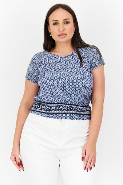 Pepe Jeans Women Round Neck Short Sleeves Allover Print Blouse, Navy