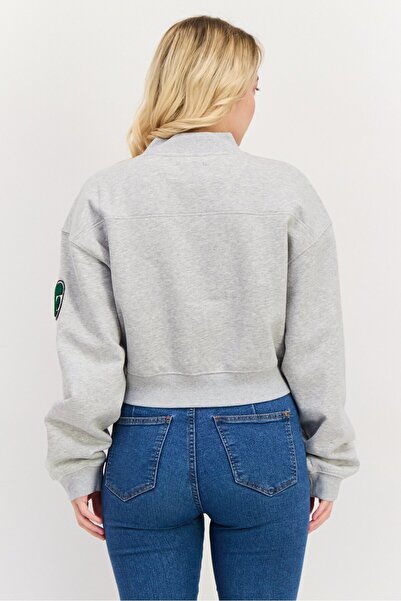 Esprit Women V Neck Long Neck Long Sleeve Graphic Sweatshirt, Grey Combo