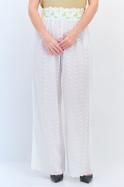 Lost Ink Women Regular Fit Embroidered Pants, White Combo