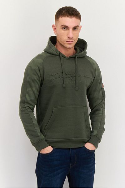 Crosshatch Men Hooded Embossed Logo Long Sleeves Sweatshirt, Army Green