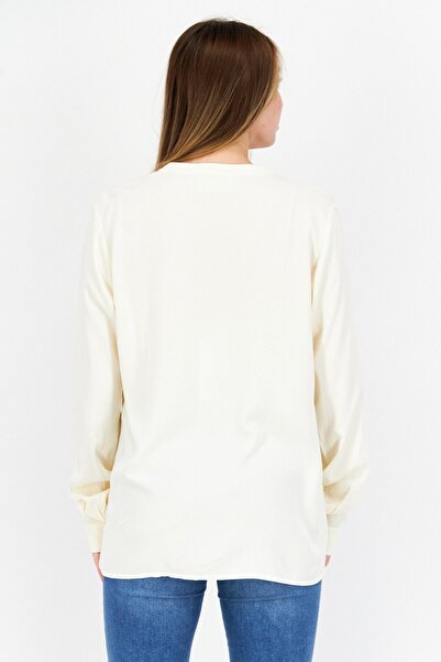 Tchibo Women Band Collar Long Sleeve Solid Top, Beige