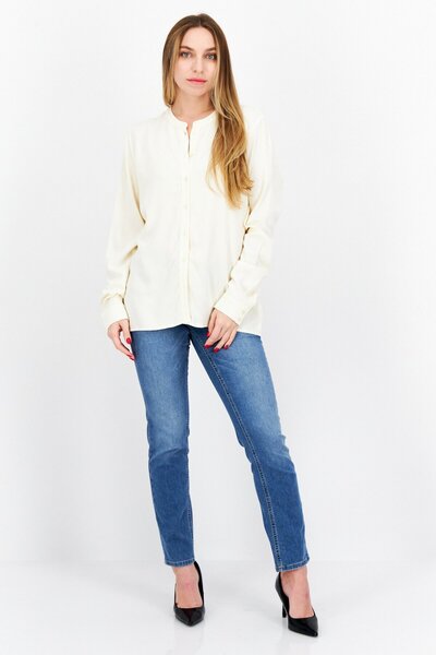 Tchibo Women Band Collar Long Sleeve Solid Top, Beige