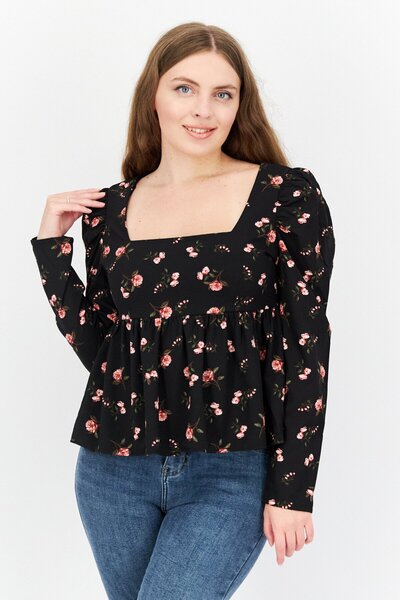 1 State Women Square Neck Floral Print Long Sleeve Blouse, Black Combo
