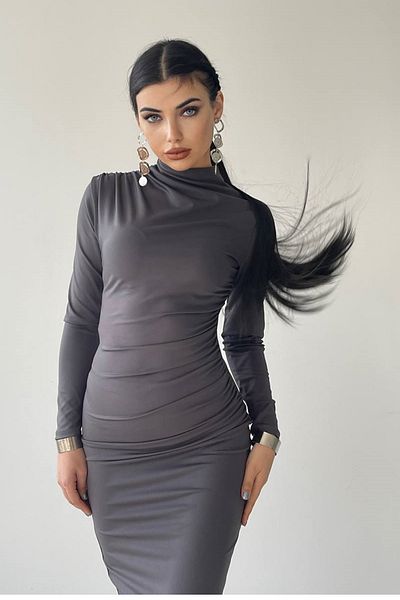 barış sülün lovebox Women's Stretchy Sandy Fabric Stand Collar Smoked Midi Pencil Dress 333