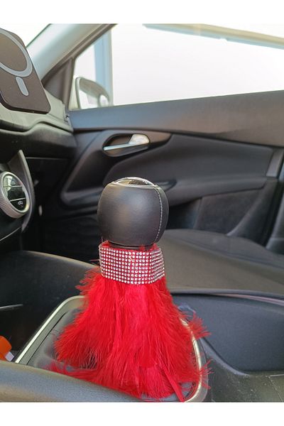 Oto Aksesuarcım Red Gear Shift Model - Ornamental Crystal Stone with Handbrake and Feather