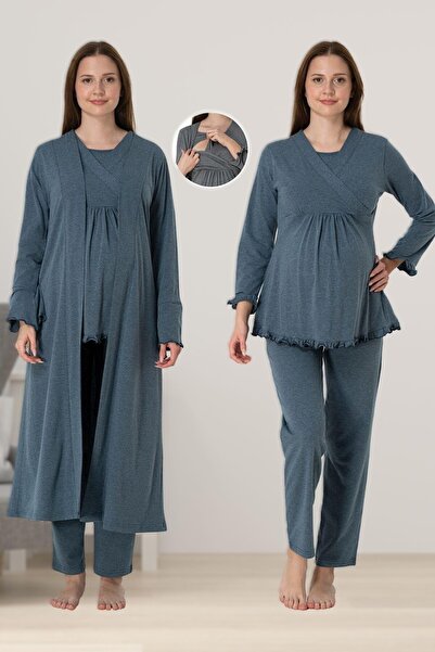 Pelin Kadın Antrasit Lohusa Hamile Emzirme Özellikli  Sabahlıklı 3'lü Pijama ...