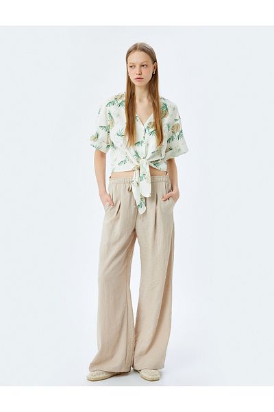 Koton V-Neck Short Sleeve Lacing Detail Linen Blended Shirt