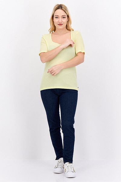 Scotch & Soda Women Square Neck Short Sleeve Ribbed Top, Yellow
