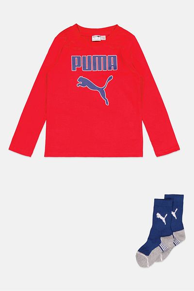 Puma Toddlers Boy 2 Piece Jersey Graphic Tee And Crew Socks Set, Red