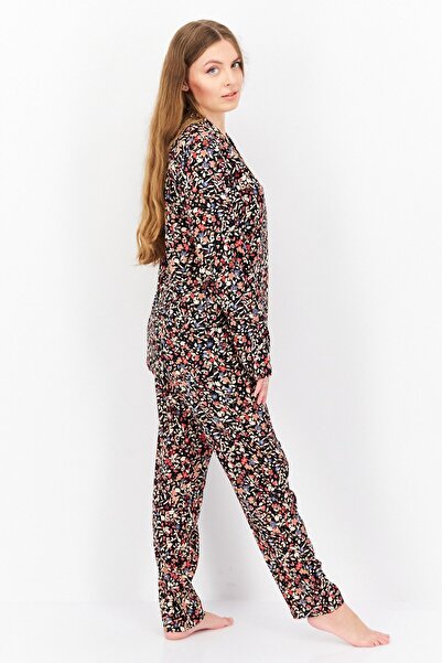 Triumph Women 2 Pcs Floral Print Top And Bottom Pajama Set, Black Combo