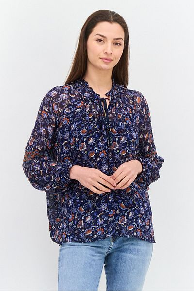 Pepe Jeans Women Tie Neck Long Sleeves Floral Print Blouse, Navy Combo