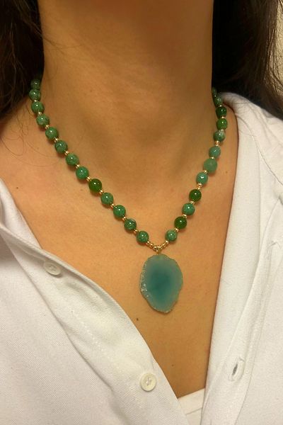 Suerte Accessories Handmade Special Design Women's Necklace with Green Agate and Jade Natural Stone Aquamarine Natural Stone Tip