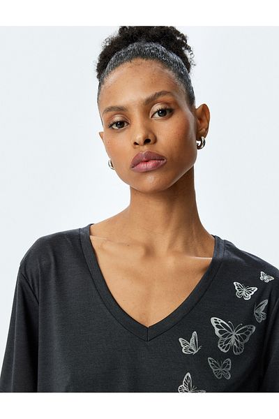 Koton New Season Butterfly Printed Short Sleeve V-Neck T-Shirt
