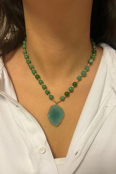 Suerte Accessories Handmade Special Design Women's Necklace with Green Agate and Jade Natural Stone Aquamarine Natural Stone Tip
