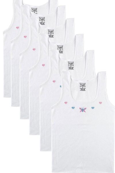 KEYAL Tutku Girl's White Wide Strap Embroidered Rib Top Undershirt 0166 Pack of 6