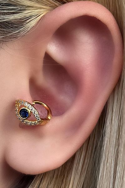 TAKIŞTIR Gold Color Eye Figured Stone Detailed Surgical Steel Hoop Tragus/ Cartilage Earring/Piercing (Single)