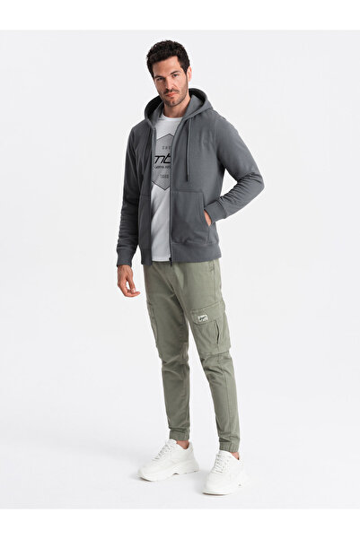 OMBRE Bavlněná pánská mikina BASIC rozepnutá - grafitová V11 OM-SSBZ-0160 XL