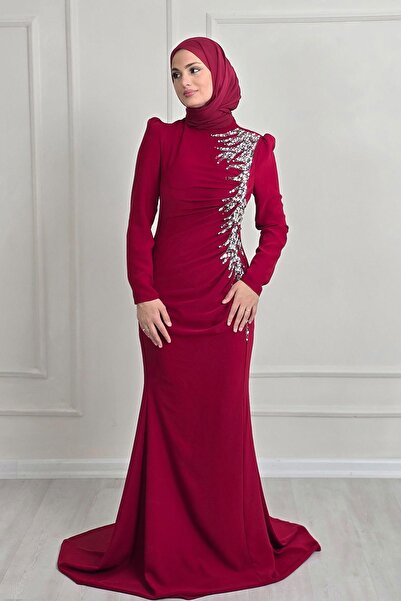 Yonca Moda Evi Bordo Krep Taşlı Abiye 4964