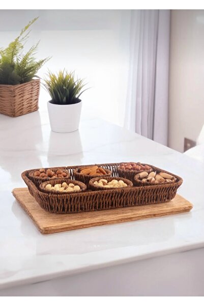 CEZVE HOME 7 Parça Rattan Hasır Örmeli Sunum Tabağı / Tepsili Çerelik Set