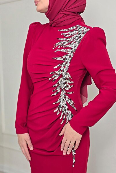 Yonca Moda Evi Bordo Krep Taşlı Abiye 4964