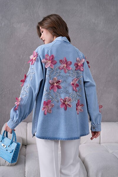 Miss Allos Jachetă kimono din denim brodat cu flori și pietre din tul brodat ...