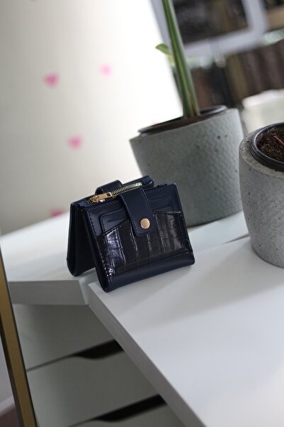 Moom Bag Women's Dark Blue Croco Patterned Card Holder Detailed Square Wallet