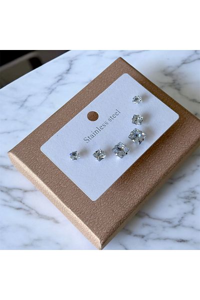 Takıtolia Stainless Three 3 Pair Square Stylish Casual Steel Earrings Set (10)