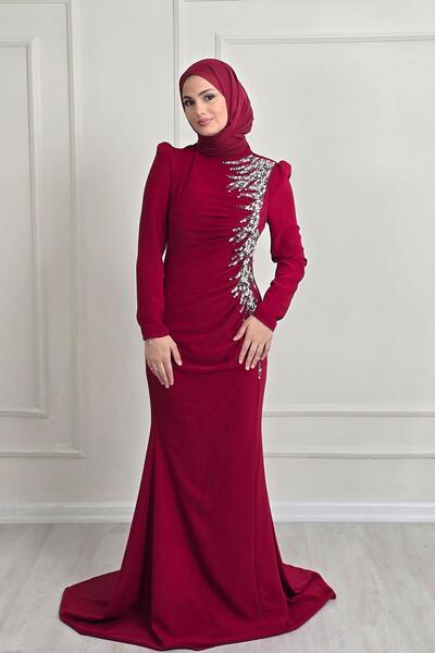 Yonca Moda Evi Bordo Krep Taşlı Abiye 4964