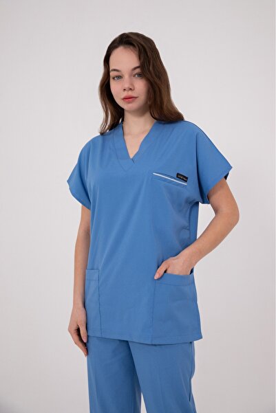 VİZYON UNIFORM Premium Likralı Açık Mavi Doktor Hemşire Forması Cerrahi Takım...