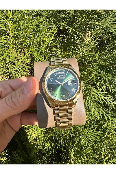 Slazenger 3 ATM Su Geçirmez Altın Çelik Kordonlu, Yeşil Kadranlı,Gün Göstergeli ve Takvimli Kadın Kol Saati