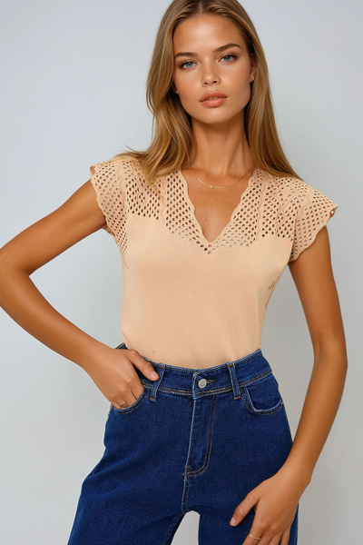 VAGGON Γυναικεία μπισκότα με λαιμόκοψη V με τρύπα διάτρητη εποχιακή πλεκτή μπλούζα Prmx13378