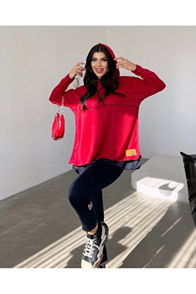 VELİZADE Kırmızı Kapüşonlu Garnili İki İplik Konfor Modeli Alt Üst İkili Eşofman Takımı Tunik Tesettür