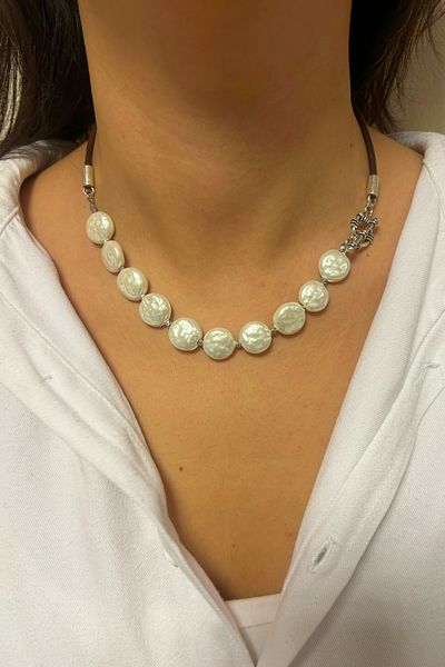 Suerte Accessories Baroque Pearl Silver Sailor Lock Leather Cord Handmade Special Design Women's Pearl Necklace