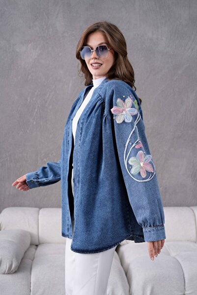 Miss Allos Kadın Arkası Ve Kolları Nakışlı Tül Çİçek Ve Taş İşlemeli Kot Kimono Ceket