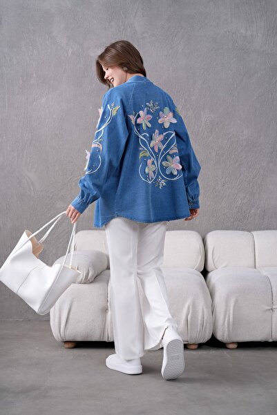 Genel Markalar Kadın Nakış İşlemeli Kot Kimono Ceket
