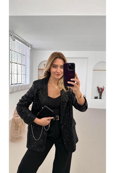 Sezgi Tekin Jachetă neagră cu paiete cu un singur buton