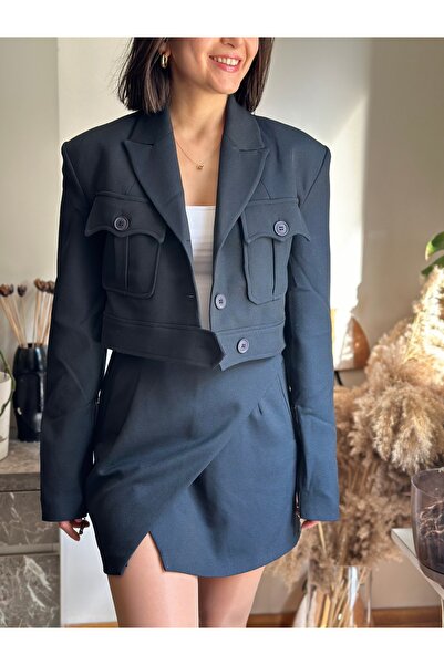 nidistore Kadın Lacivert Crop Ceket Mini Etek Takım