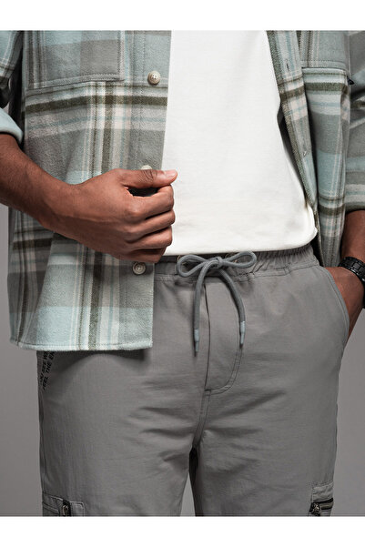 OMBRE Men's jogger pants with cargo pockets and print - gray V4 OM-PAJO-0200 L