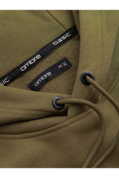 OMBRE BASIC pánská bavlněná klokaní mikina s kapucí - olivová V2 OM-SSBN-0161 S