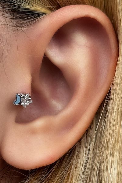 TAKIŞTIR Silver Color Moon and Star Figured Stone Detailed Surgical Steel Tragus/ Cartilage Earring/Piercing (Single)