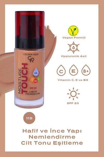 Golden Rose كريم أساس سائل مويستشر تاتش بمعامل حماية من الشمس SPF20 رقم: 115 Nemlendirici Etkili Fondöten