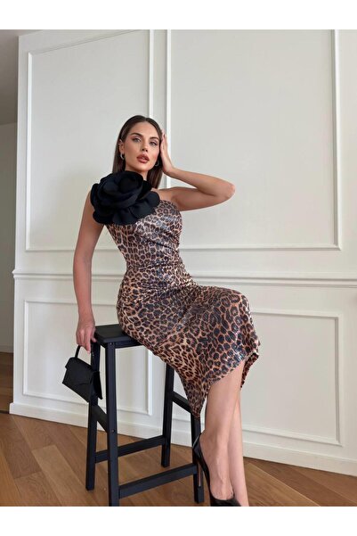 MDZ COLLECTION Kahverengi Leopar Desenli Pul Payet Gül Aksesuar Elbise
