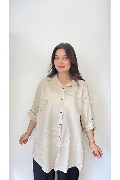 LADY RIVSD Nakışlı Tunik Gömlek,  %100 Pamuk, Yıkamalı Kadın Gömlek, STD Bede...