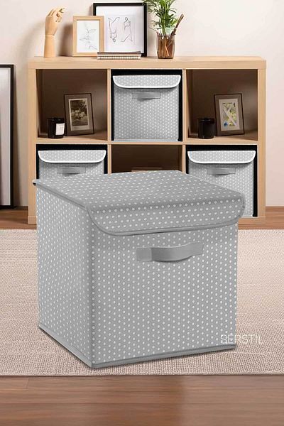 Serstil Gray Spotted under Cabinet Laundry and Toy Organizer Folding Storage Box with Lid 30X30X30Cm
