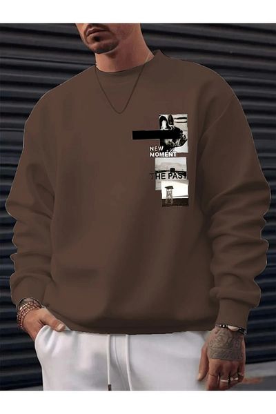 NO 601 Ανδρικό καφέ New Moment Crew Neck Hoodless Winter Sweat