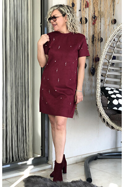 Dila Butik Taş Aksesuarlı Süet Elbise