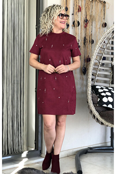 Dila Butik Taş Aksesuarlı Süet Elbise